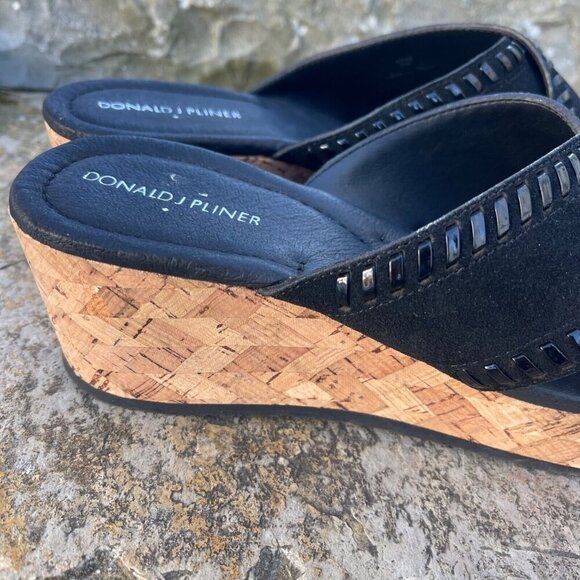 Donald J Pliner Savee Whipstitch Cork Wedge Sandal 9.5M Black Suede Y2K Chunky - Picture 4 of 11